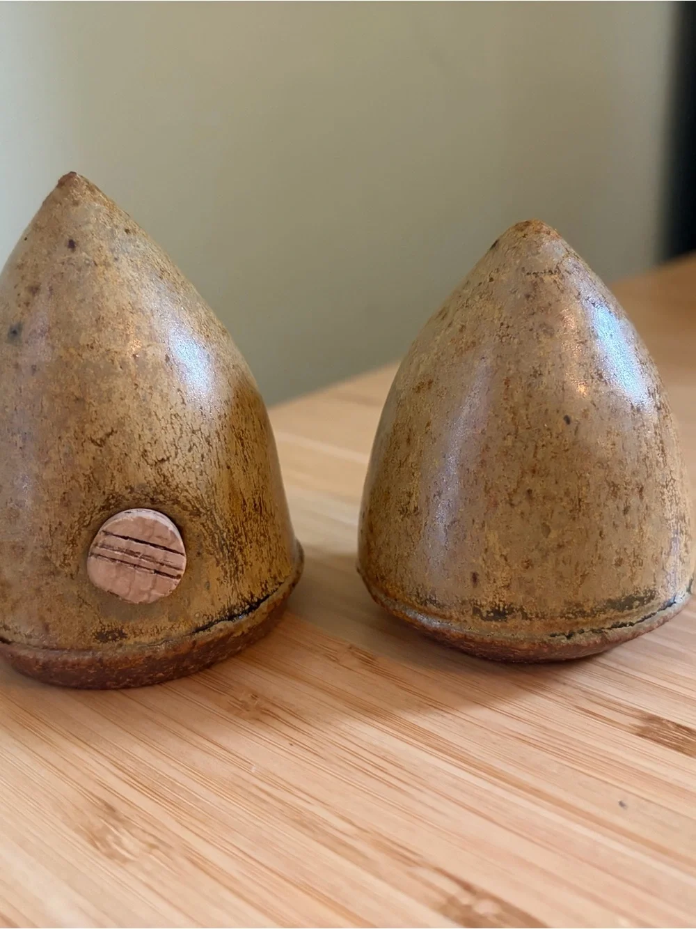 Adorable Little Handmade Pottery Salt and Pepper Shakers in Speckled Olive